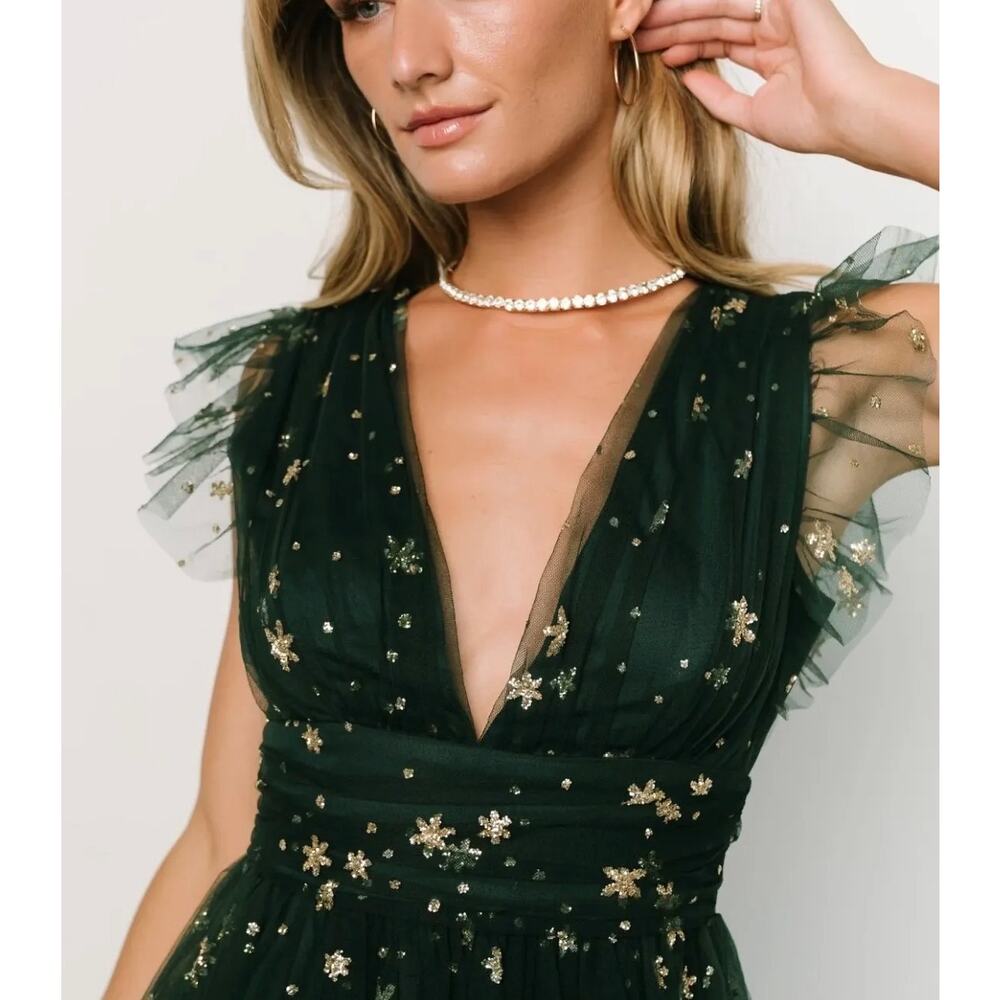 Baltic Born Forest Green Tulle Midi Dress with Gold Star Embroidery - Picture 2 of 10